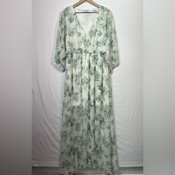 Baltic Born XXL Sage Green Floral Maxi Dress Kimono Sleeve Wrap Style Flowy - Picture 2 of 8